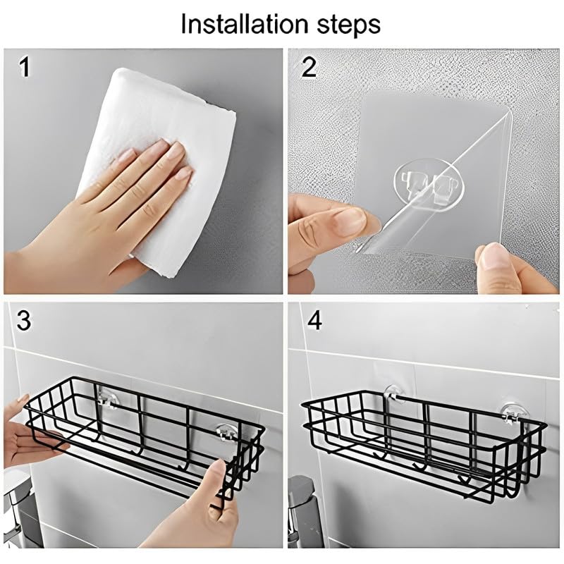 Puno Heavy Duty Wall Mounted Steel Bathroom Shelf with 4 Hooks | Self-Adhesive Storage Organizer Rack | Waterproof & Rust-Resistant Wall Shelf for Kitchen, Bathroom & More (Black) - Image 4