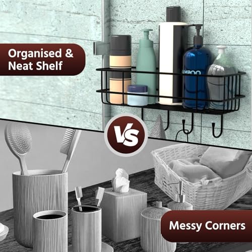 Puno Heavy Duty Wall Mounted Steel Bathroom Shelf with 4 Hooks | Self-Adhesive Storage Organizer Rack | Waterproof & Rust-Resistant Wall Shelf for Kitchen, Bathroom & More (Black) - Image 2
