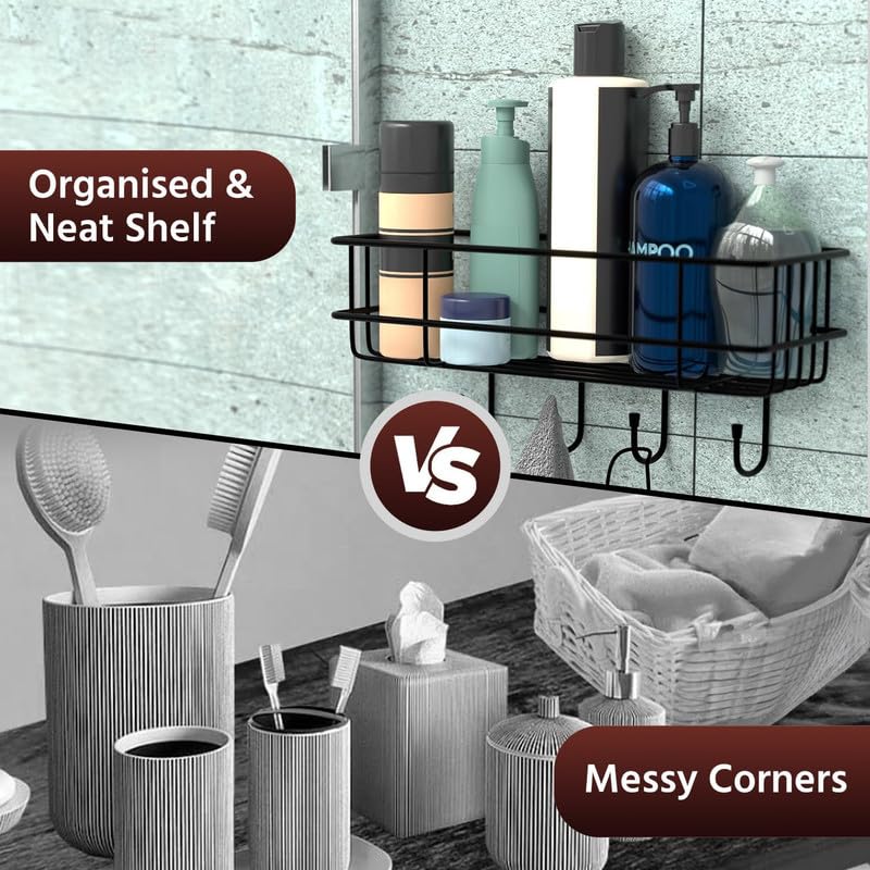 Puno Heavy Duty Wall Mounted Steel Bathroom Shelf with 4 Hooks | Self-Adhesive Storage Organizer Rack | Waterproof & Rust-Resistant Wall Shelf for Kitchen, Bathroom & More (Black) - Image 5