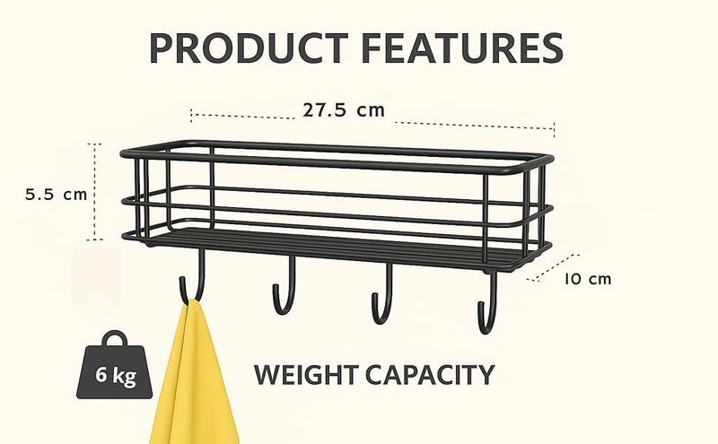 Puno Heavy Duty Wall Mounted Steel Bathroom Shelf with 4 Hooks | Self-Adhesive Storage Organizer Rack | Waterproof & Rust-Resistant Wall Shelf for Kitchen, Bathroom & More (Black) - Image 3