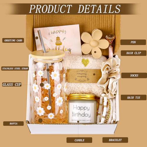 DHQH Birthday Gifts for Teen, Cute Inspirational Gift Daisy Presents Set Ideas for Sister Daughter Friends, Happy Birthday Gift Basket with Ice Glass Cup for Her (Beige) - Image 3