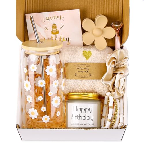 DHQH Birthday Gifts for Teen, Cute Inspirational Gift Daisy Presents Set Ideas for Sister Daughter Friends, Happy Birthday Gift Basket with Ice Glass Cup for Her (Beige) - Image 1