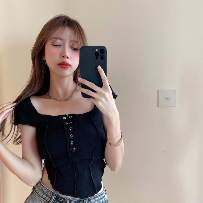 Cross-Border women's hot girls short sleeve T-shirt summer design sense of heart pure wind short jacket foreign trade wholesale eBay - Image 1