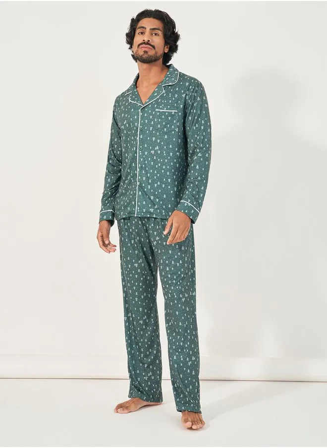 Styli All Over Print Long Sleeve Shirt & Open Hem Pyjama Set