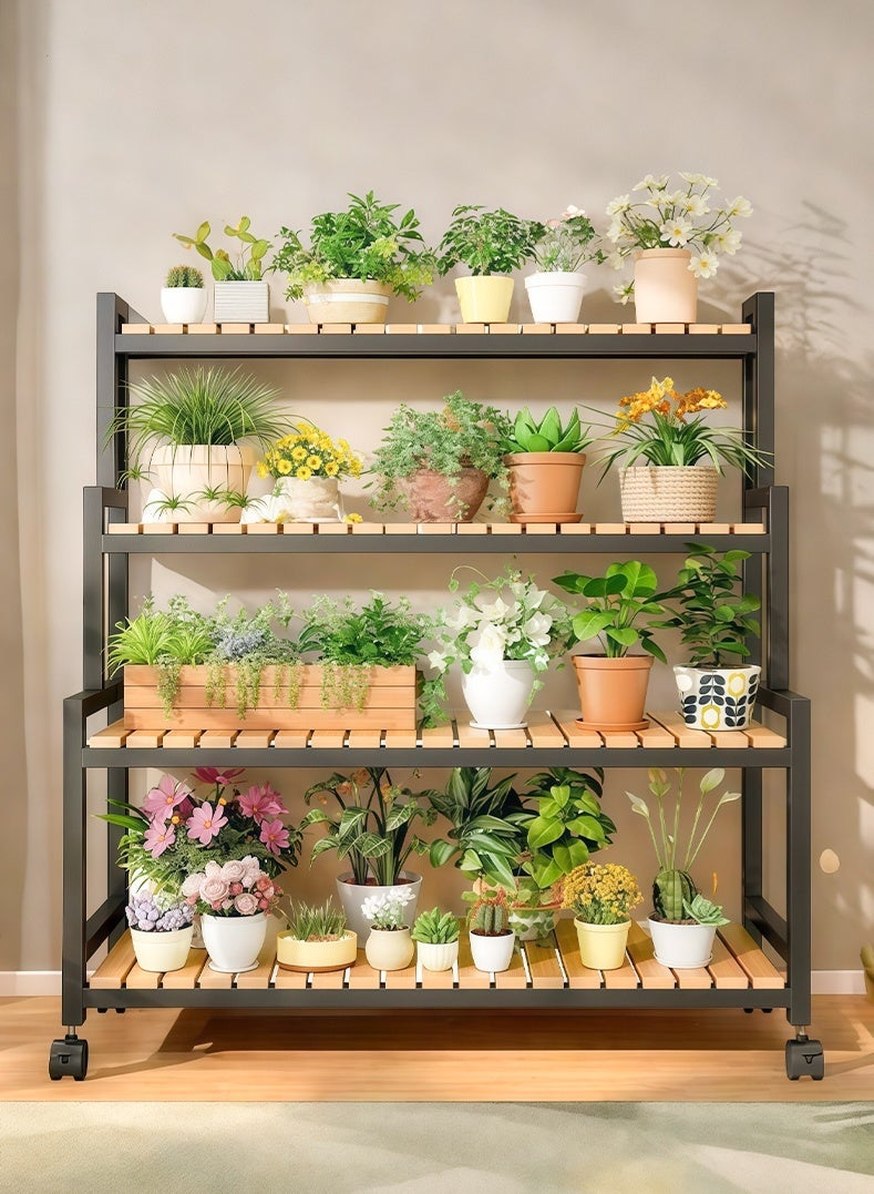 4 Tier plant stand outdoor, Height Adjustable, Potting Organizer with Pulley, Made with bamboo partitions and metal frame, easy assembly for indoor/outdoor - Image 1