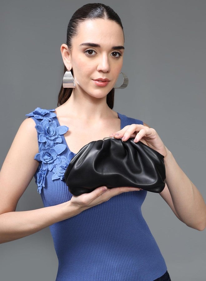 Kazo Women’s Faux Leather Ruched Clutch Bag with Chain Sling | Soft Evening Handbag for Party & Wedding | Black - Image 2