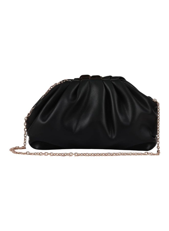 Kazo Women’s Faux Leather Ruched Clutch Bag with Chain Sling | Soft Evening Handbag for Party & Wedding | Black - Image 1