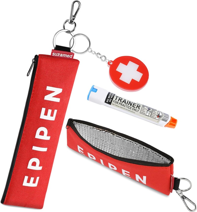 suzamed حقيبة حمل EpiPen محمولة، حقيبة طبية طارئة معزولة للحفاظ على فعالية الدواء، تناسب حاقن EpiPen واحد، جهاز استنشاق الربو، Auvi-Q، أدوية الحساسية، حامل EpiPen للسفر للبالغين أو الأطفال (أحمر) - Image 1