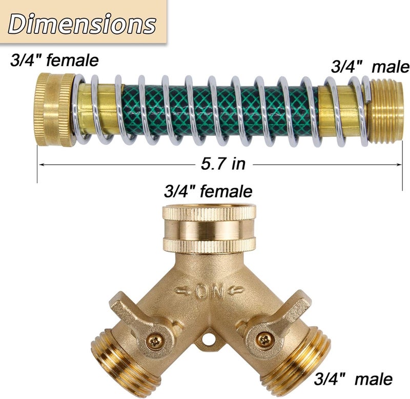 Triumpeek 3/4" Brass 2 Way Hose Splitter, Brass 2 Way Garden Hose Connector with 2 Pcs Garden Hose Coiled Spring Protectors and 6 Rubber Washers - Image 2