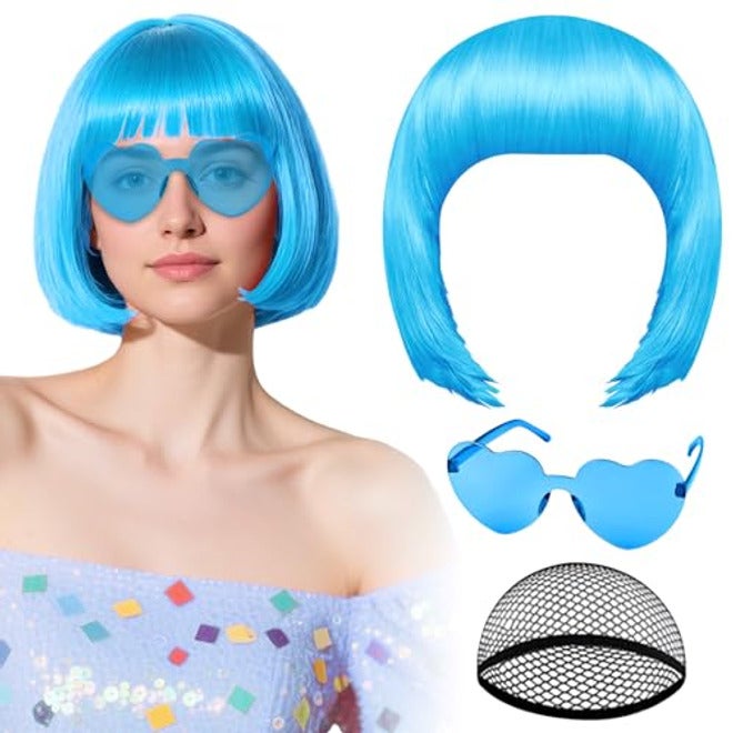 PLULON Hot Pink-Color Bob Wig with Heart Sunglasses Neon Colored Party Wig - Image 2