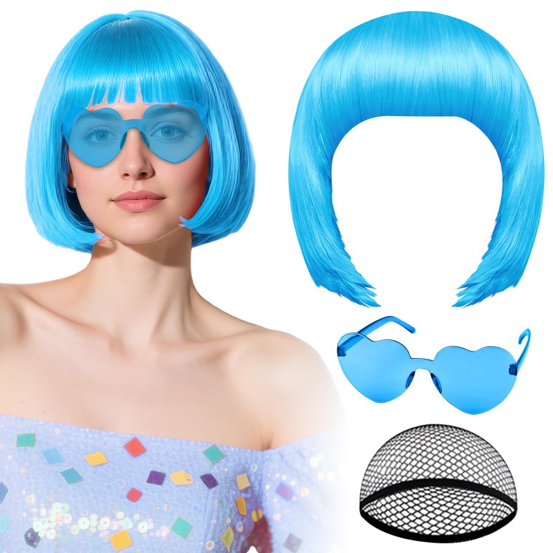 PLULON Hot Pink-Color Bob Wig with Heart Sunglasses Neon Colored Party Wig - Image 1