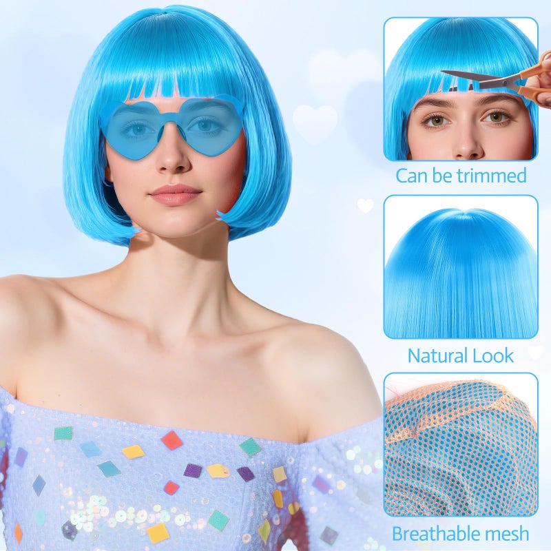PLULON Hot Pink-Color Bob Wig with Heart Sunglasses Neon Colored Party Wig - Image 4