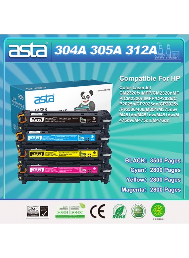 استا خرطوشة حبر ملونة عالمية من مجموعة واحدة من ASTA 304A 305A 312A CC530A CC531A CC532A CC533A CE410A CE411A CE412A CE413A CF380A CF381A CF382A CF383A متوافقة مع طابعات HP LaserJet CM2320FxiMFP CM2320NMFP CM2320NfMFP CP2025 CP2025N CP2025Dn CP2025X Pro 300 400 M351 M375Nw M451Dn M451Nw M451Dw M475Dw M475Dn M476Dn طابعة جودة طباعة فائقة الوضوح سلامة وحماية البيئة - Image 1