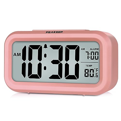 Peakeep Night Light Digital Alarm Clock with Indoor Temperature, Battery Operated Desk Small Clock (Light Salmon Pink) - Image 1