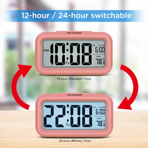 Peakeep Night Light Digital Alarm Clock with Indoor Temperature, Battery Operated Desk Small Clock (Light Salmon Pink) - Image 5