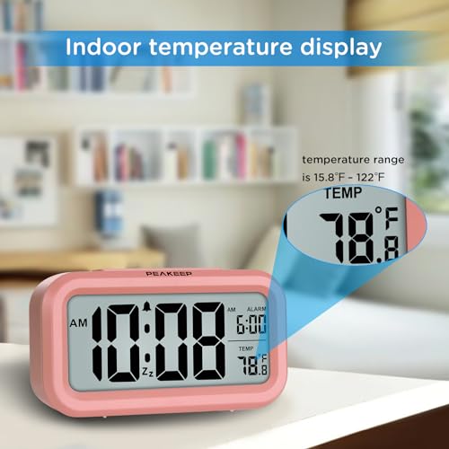 Peakeep Night Light Digital Alarm Clock with Indoor Temperature, Battery Operated Desk Small Clock (Light Salmon Pink) - Image 4