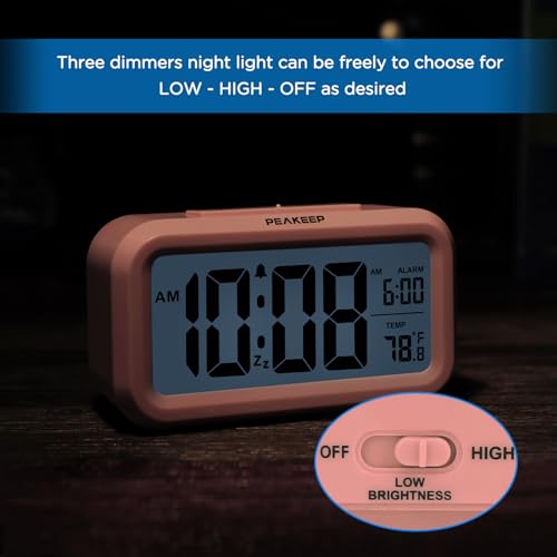 Peakeep Night Light Digital Alarm Clock with Indoor Temperature, Battery Operated Desk Small Clock (Light Salmon Pink) - Image 2