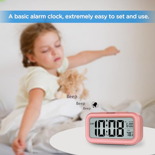 Peakeep Night Light Digital Alarm Clock with Indoor Temperature, Battery Operated Desk Small Clock (Light Salmon Pink) - Image 3
