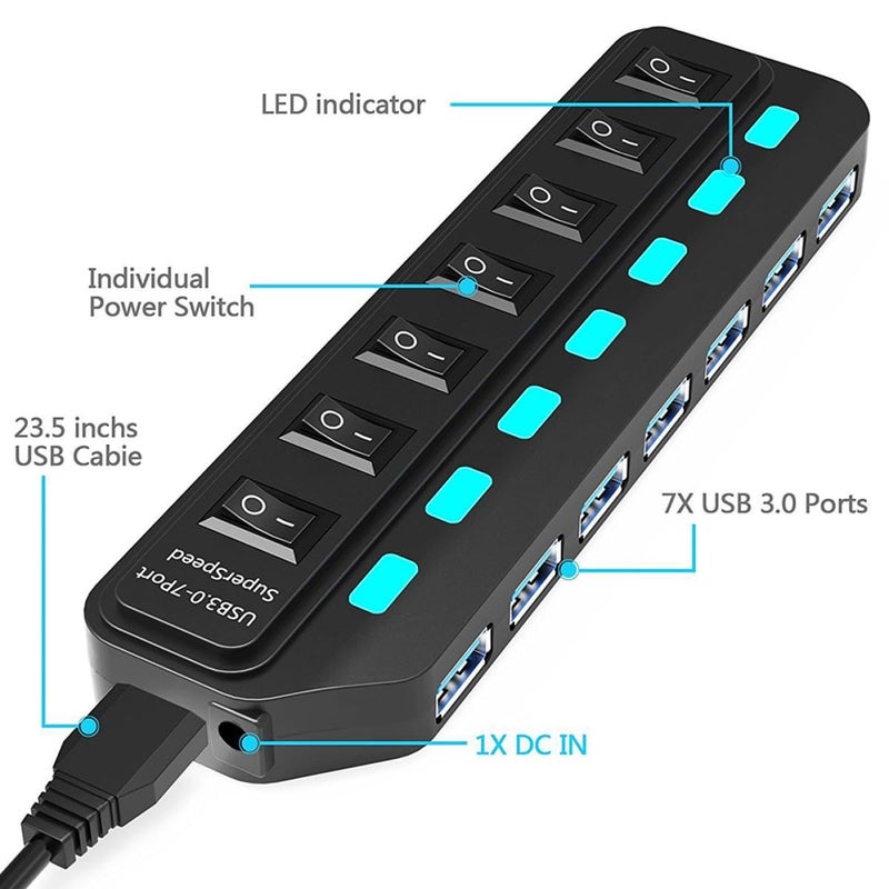 7 منفذ USB 3.0 محور محول توسيع نقل بيانات عالي السرعة للكمبيوتر المحمول سطح المكتب لون عشوائي - Image 4
