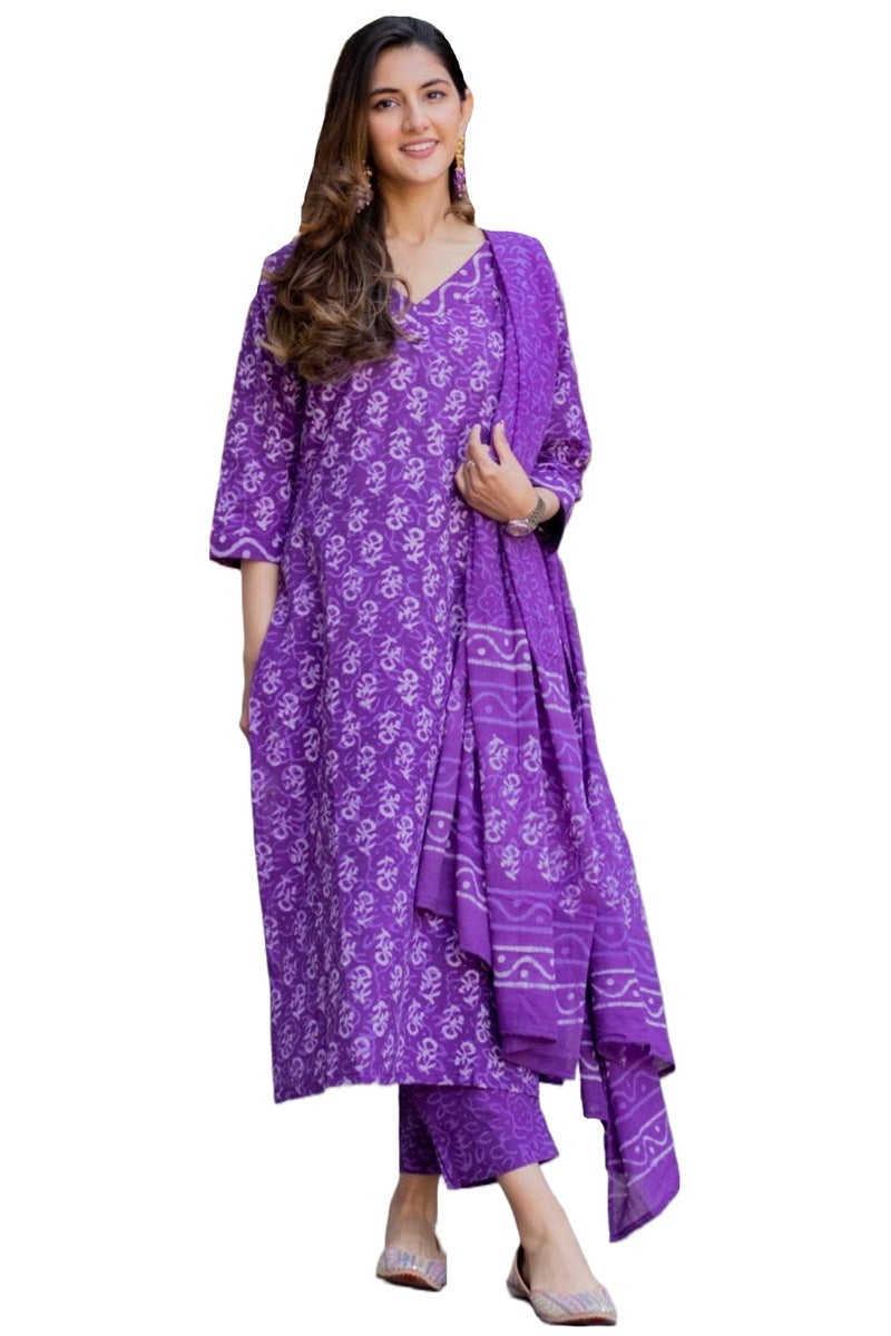 GoSriKi Women's Rayon Blend Printed Straight Kurta with Pant & Dupatta (Feedback-BEGANI-GS_S_Purple_Small) - Image 1