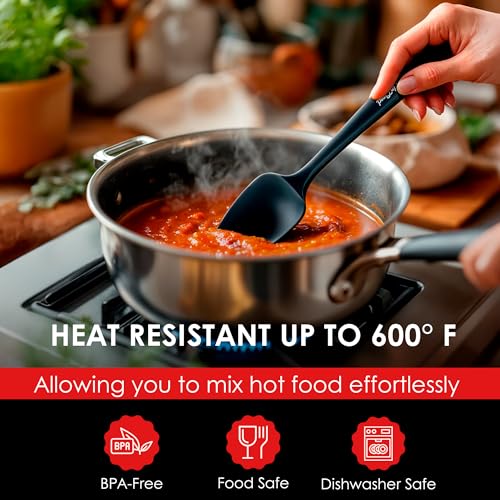UpGood Silicone Spoon Spatula - 600ºF Heat-Resistant Non-Stick Rubber Spoonula | Use as Silicone Kitchen Scraper Utensil - Baking and Cooking Strong Stainless Steel Core | UpGood Kitchen Utensils, (Black) - Image 4
