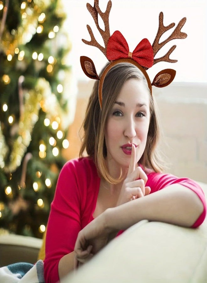 Mimeile Christmas Antlers Headband Brown Reindeer Ears Head Band for Women Cute Bow Hairband Xmas Holiday Hair Accessories Gift Costume Party Favors - Image 3