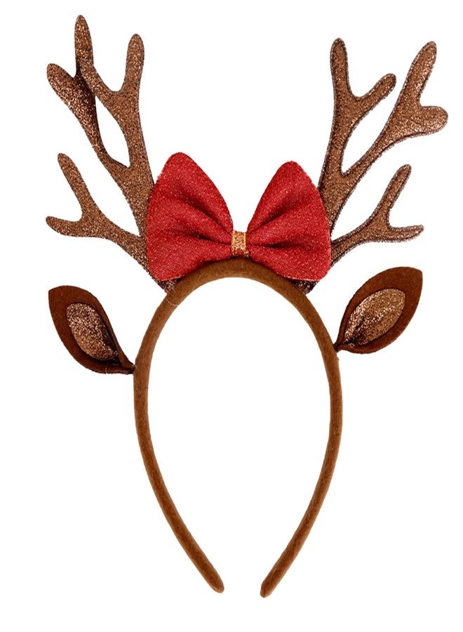 Mimeile Christmas Antlers Headband Brown Reindeer Ears Head Band for Women Cute Bow Hairband Xmas Holiday Hair Accessories Gift Costume Party Favors - Image 1
