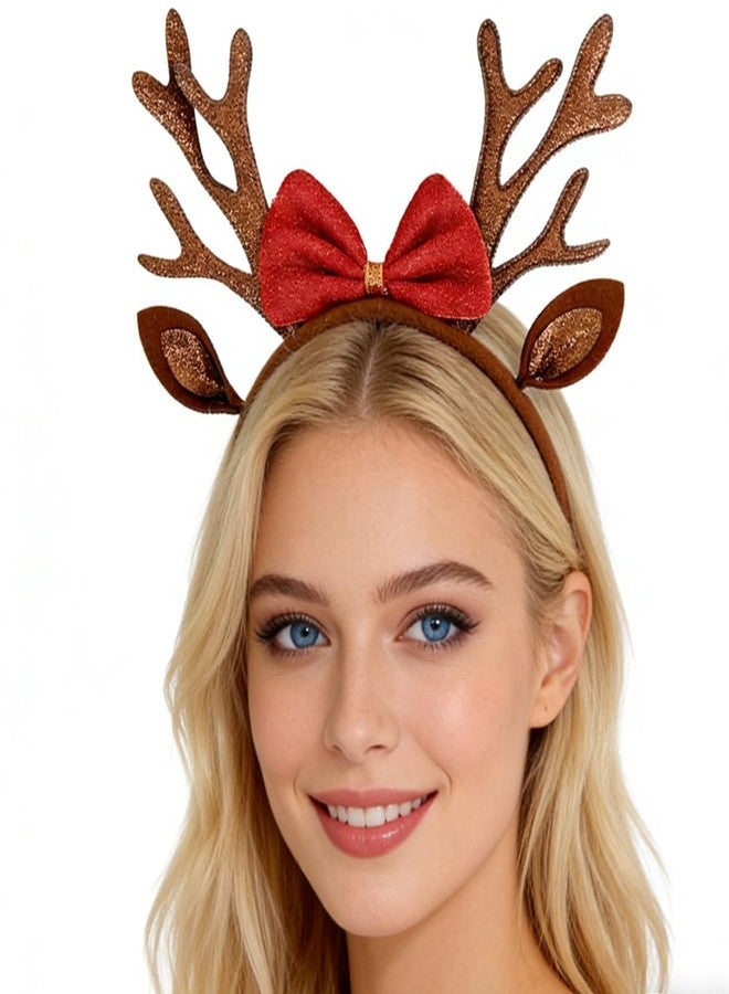 Mimeile Christmas Antlers Headband Brown Reindeer Ears Head Band for Women Cute Bow Hairband Xmas Holiday Hair Accessories Gift Costume Party Favors - Image 4