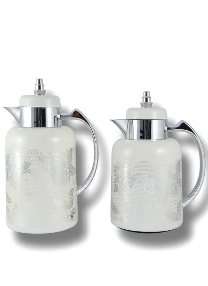 Homemaker "2-Piece Tea & Coffee Flask Set – 0.7L & 1L – Glass Inner, ABS Body – White & Silver – Keeps Drinks Hot or Cold Longer – Premium, Elegant, Hand Washable" 