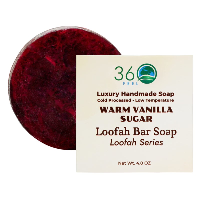 360Feel Warm Vanilla Sugar Loofah Bar Soap Luxury Handmade Soap Vegan CrueltyFree Cleanse Exfoliate Nourish Pamper Yourself or Gift to Loved Ones