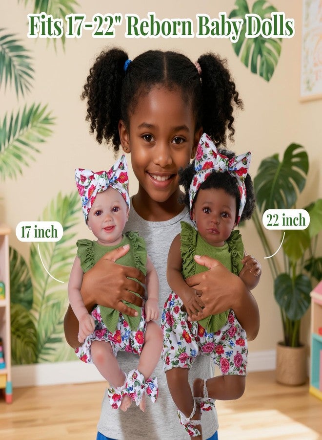 BABESIDE طقم ملابس دمية طفل حديث الولادة من بيبي سايد، مكون من 3 قطع، مناسب لدمى الأطفال من 17 إلى 20 بوصة، يتضمن بذلة مزينة بالزهور، وعصابة رأس مزينة بفيونكة، وجوارب، لدمى الفتيات الواقعية. - Image 2