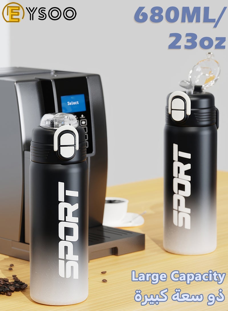 EYSOO Insulated Water Bottle 680ml Stainless Steel Water Flask Leakproof Sports Water Bottle Vacuum Insulated Bottle Keeping Cold Water Bottle with Straw (Black) - Image 2