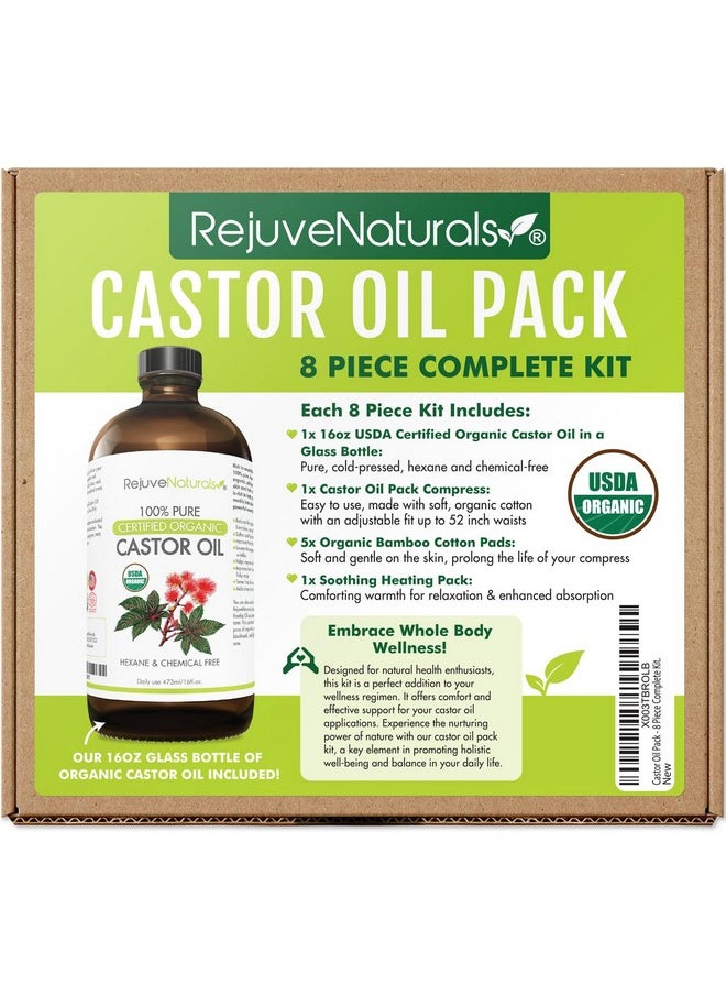 RejuveNaturals RejuveNaturals Castor Oil Pack - 8 Piece Complete Kit. Includes 16oz Glass Bottle of Organic Castor Oil, Easy to use Castor Oil Compress with Adjustable Fit, 5 Soft Cotton Pads & Soothing Heat Pack..  - Image 1