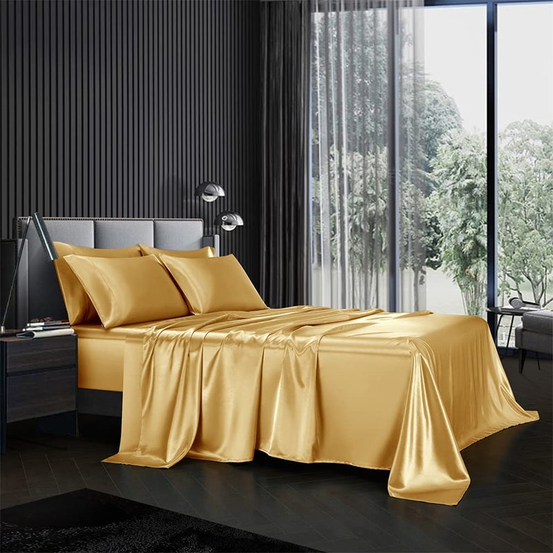 AiMay 6 Piece Satin Bedding Sheet Set Queen Golden Deep Pocket 1800 Series Luxury Rich Silk Silky Super Soft Solid Color 4 Pillowcases Reversible Sexy Honeymoon Wrinkle Free Queen Golden