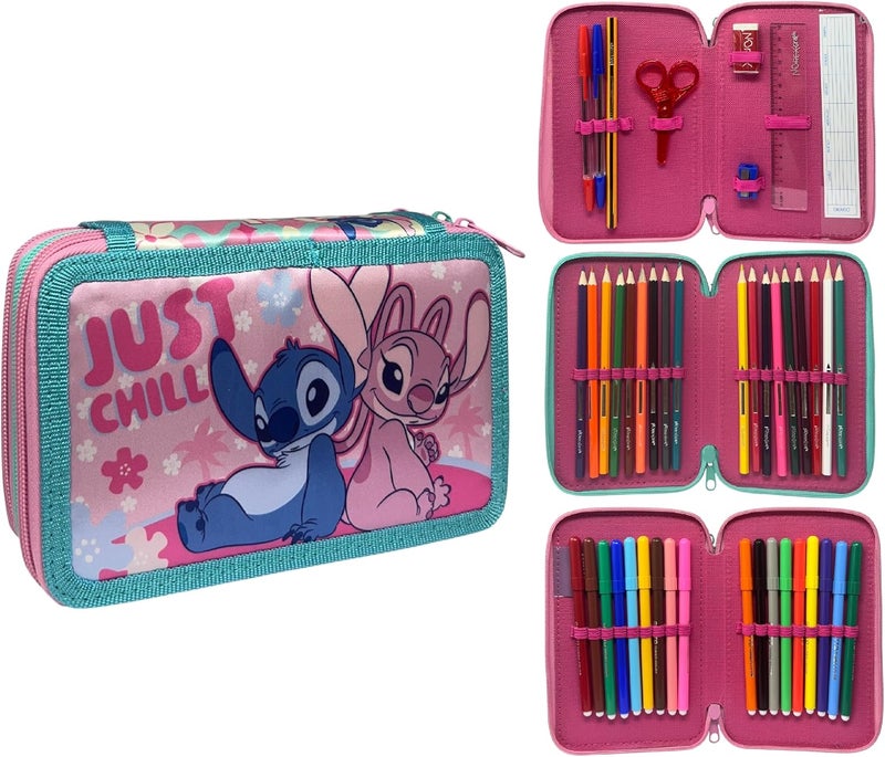 CARTOON Pencil Case 3 Zip Complete 44 Pieces for School Multi-Compartment Pens Pencils Colours Markers Giotto, Stitch And Angel, 20 x 13 x 6 cm, modern - Image 1