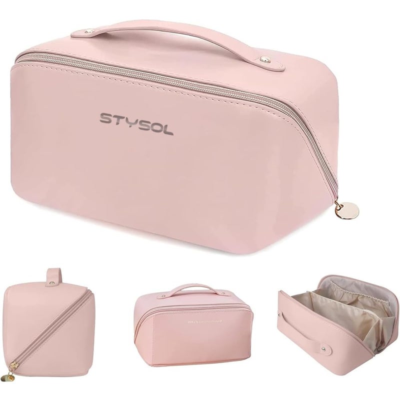 Stysol Travel Pouch Large Capacity Travel Organizer for Women Waterproof Portable Pouch Open Flat Toiletry Bag Organizer with Divider and Handle Pink - Image 1