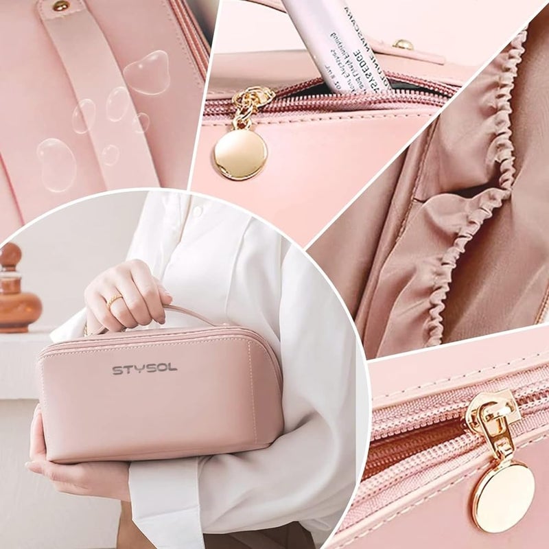 Stysol Travel Pouch Large Capacity Travel Organizer for Women Waterproof Portable Pouch Open Flat Toiletry Bag Organizer with Divider and Handle Pink - Image 2