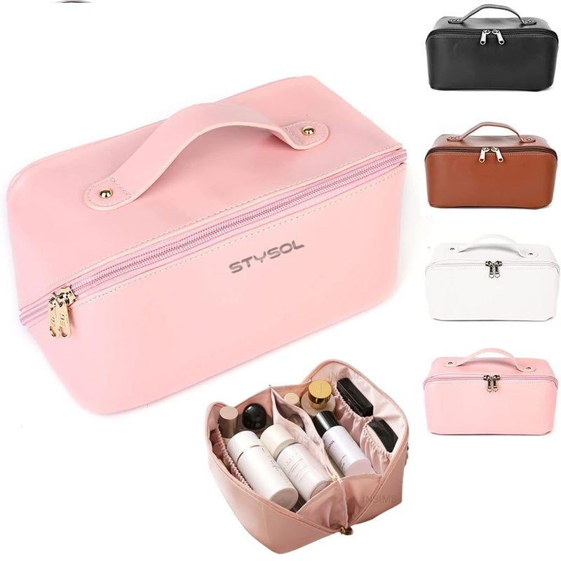 Stysol Travel Pouch Large Capacity Travel Organizer for Women Waterproof Portable Pouch Open Flat Toiletry Bag Organizer with Divider and Handle Pink - Image 5