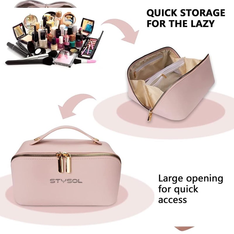 Stysol Travel Pouch Large Capacity Travel Organizer for Women Waterproof Portable Pouch Open Flat Toiletry Bag Organizer with Divider and Handle Pink - Image 3