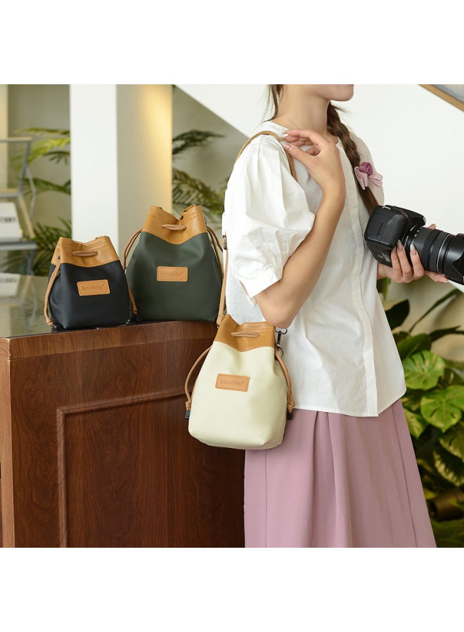 Sudiro Leather Film Liner Single Shoulder Diagonal Portable Waterproof Micro Single SLR Camera Drawstring Storage Bag-Color:[large] Creamy-white  - Image 4