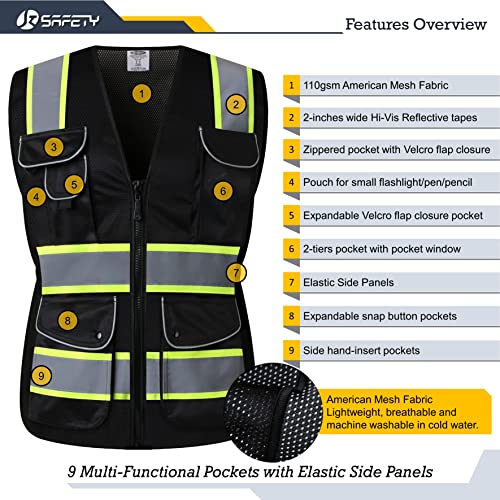 JKSafety 9 Pockets Women Hi-Vis Reflective Safety Vest | Mesh Black | Reflective Strips with Yellow Extended Trims | ANSI Compliant (168-Black, M) - Image 3