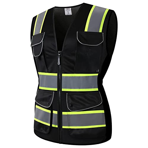JKSafety 9 Pockets Women Hi-Vis Reflective Safety Vest | Mesh Black | Reflective Strips with Yellow Extended Trims | ANSI Compliant (168-Black, M) - Image 1