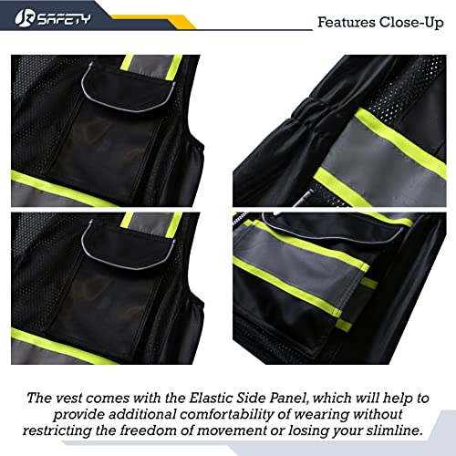 JKSafety 9 Pockets Women Hi-Vis Reflective Safety Vest | Mesh Black | Reflective Strips with Yellow Extended Trims | ANSI Compliant (168-Black, M) - Image 4