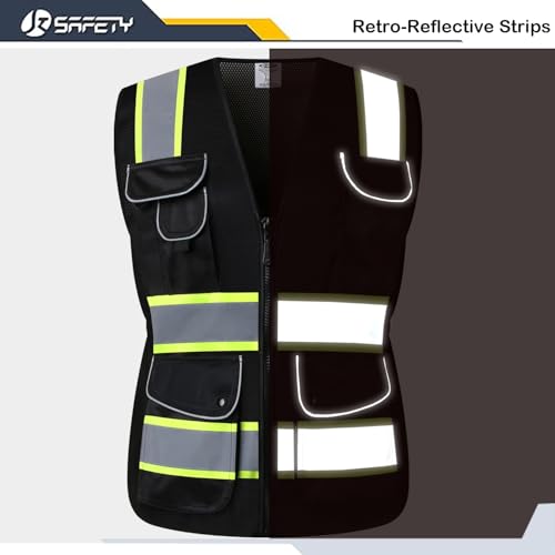 JKSafety 9 Pockets Women Hi-Vis Reflective Safety Vest | Mesh Black | Reflective Strips with Yellow Extended Trims | ANSI Compliant (168-Black, M) - Image 2