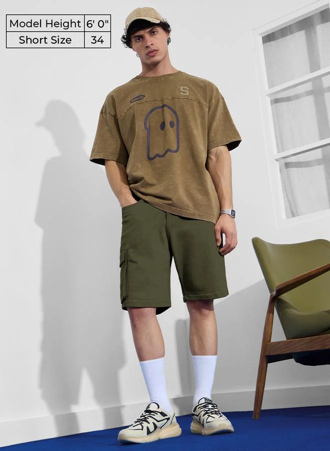 The Souled Store Men Dark Green Denim Cargo Shorts