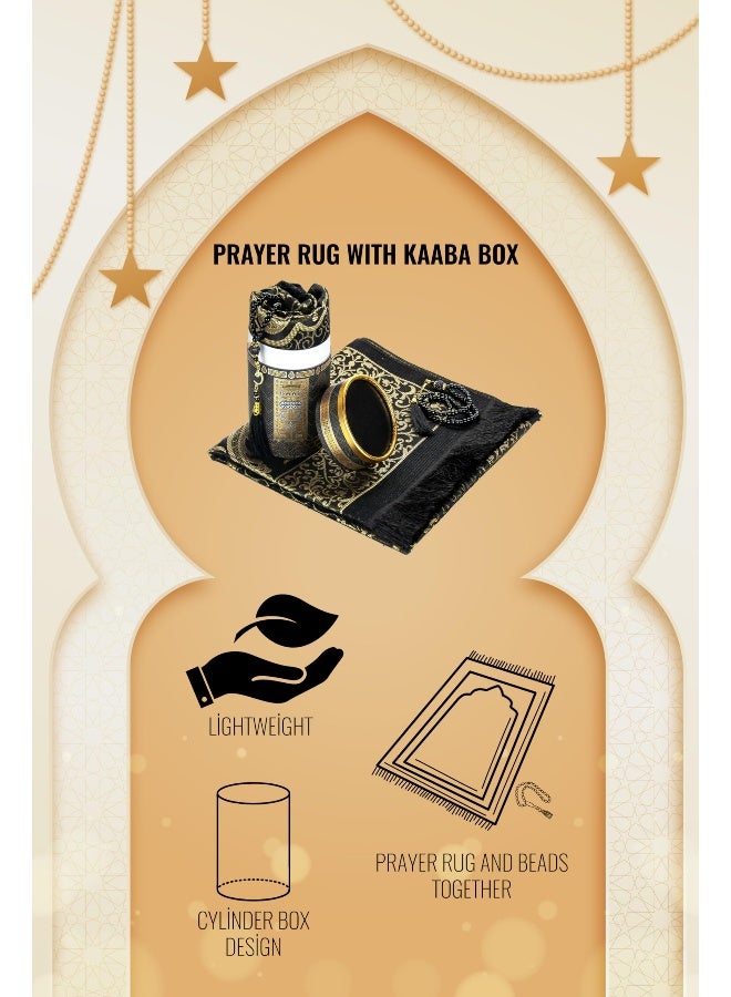 ihvan online Muslim Prayer Rug and Prayer Beads with Elegant Design Cylinder Gift Box, Janamaz, Sajadah, Soft Islamic Gifts Set, Carpet Mat, Taffeta Fabric, Black - Image 4