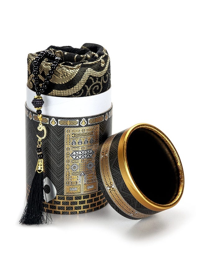 ihvan online Muslim Prayer Rug and Prayer Beads with Elegant Design Cylinder Gift Box, Janamaz, Sajadah, Soft Islamic Gifts Set, Carpet Mat, Taffeta Fabric, Black - Image 5