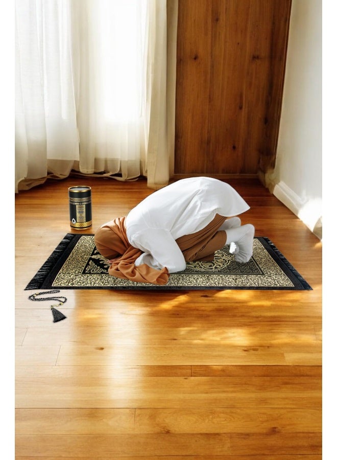 ihvan online Muslim Prayer Rug and Prayer Beads with Elegant Design Cylinder Gift Box, Janamaz, Sajadah, Soft Islamic Gifts Set, Carpet Mat, Taffeta Fabric, Black - Image 3