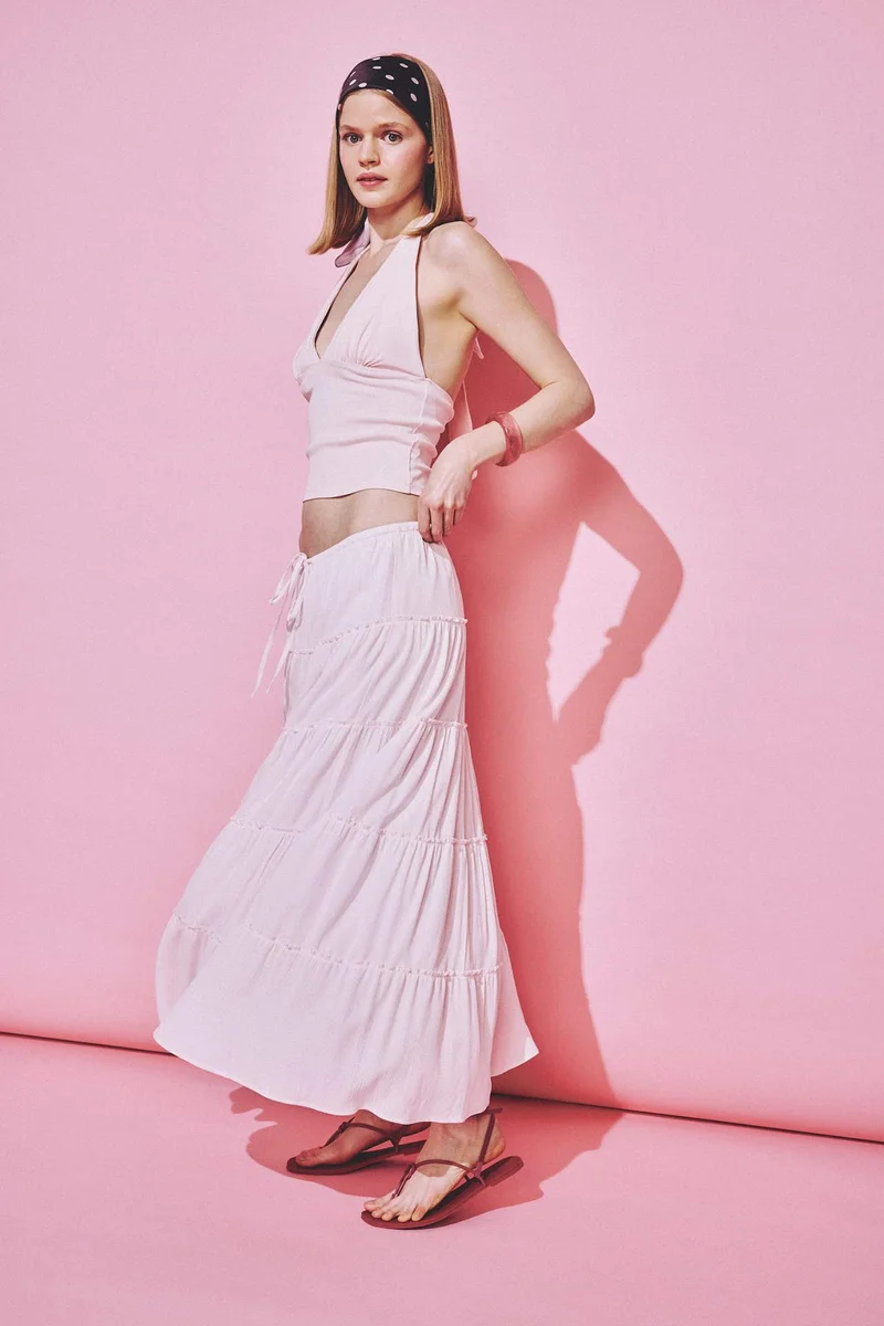 ديفاكتو Crinkle Fabric Cotton Lined Normal Waist Maxi Skirt