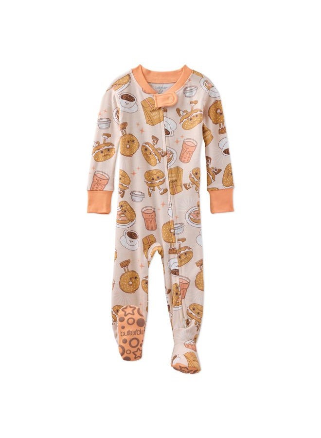 Butterblu baby-girls Cruz Snug-fit Footed Pajamas 100% Organic Cotton Zip Front Sleeper Pjs With Grippers for Baby Infant Girls, Boys​, Schmear, 18 Months - Image 1